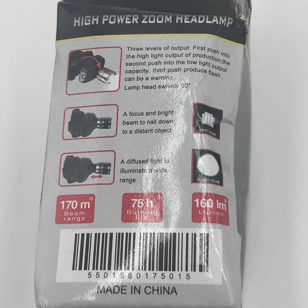 High Power Zoom Headlamp - LED 3 Levels Of Output 170 m Beam Range NEW Tested